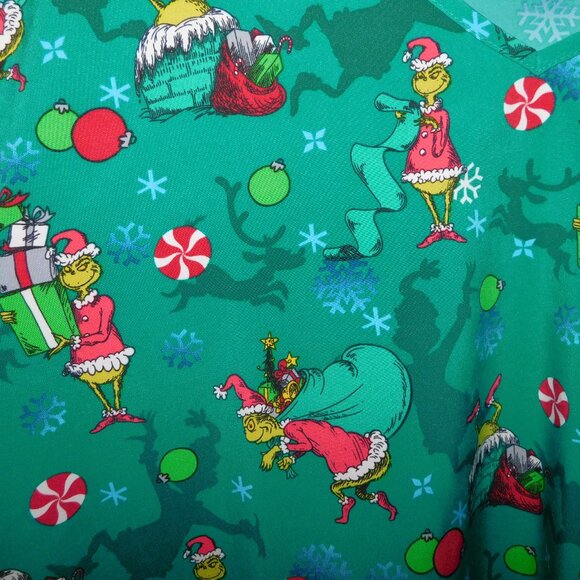 Dr. Seuss How the Grinch Stole Christmas Print Green Women 2XL Scrub Top - Picture 2 of 7